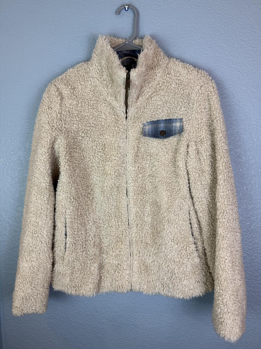 Pendleton Jacket Womens Small Cream Sherpa Fleece Full Zip Plaid Accent P1558